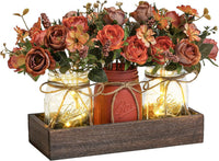 3 Pcs Mason Jar Centerpiece Table Decorations for Dining Table Decor Farmhouse Coffee Table Decor with Wood Tray and Led Light Table